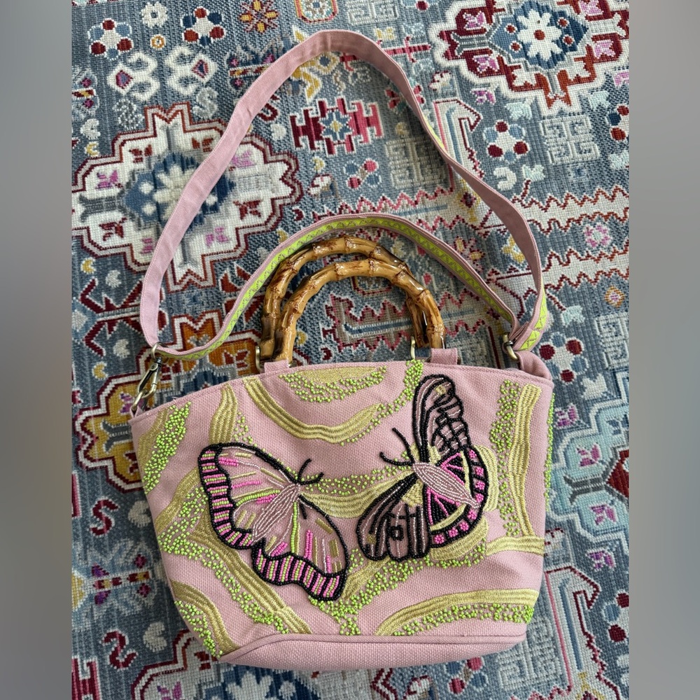 Embroidered Butterfly Handbag - Pink and Green beaded with bamboo handles